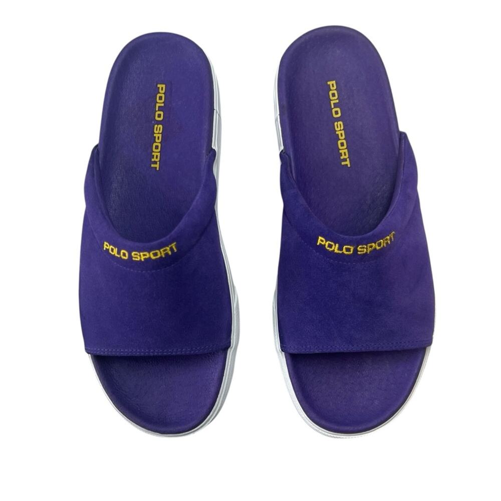 Polo Sport Ralph Lauren Slides 8 Purple Suede Yellow Spellout 90s WT1873 Rare